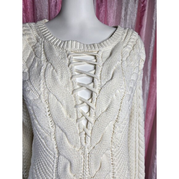 Express Cream Cable Knit Low Cut Lace Up Sweater Size Small - Picture 3 of 12